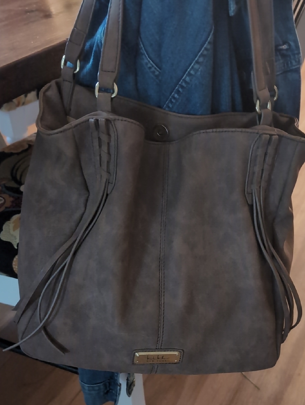Nicole Miller Brown Suede-Style Fringe Tote